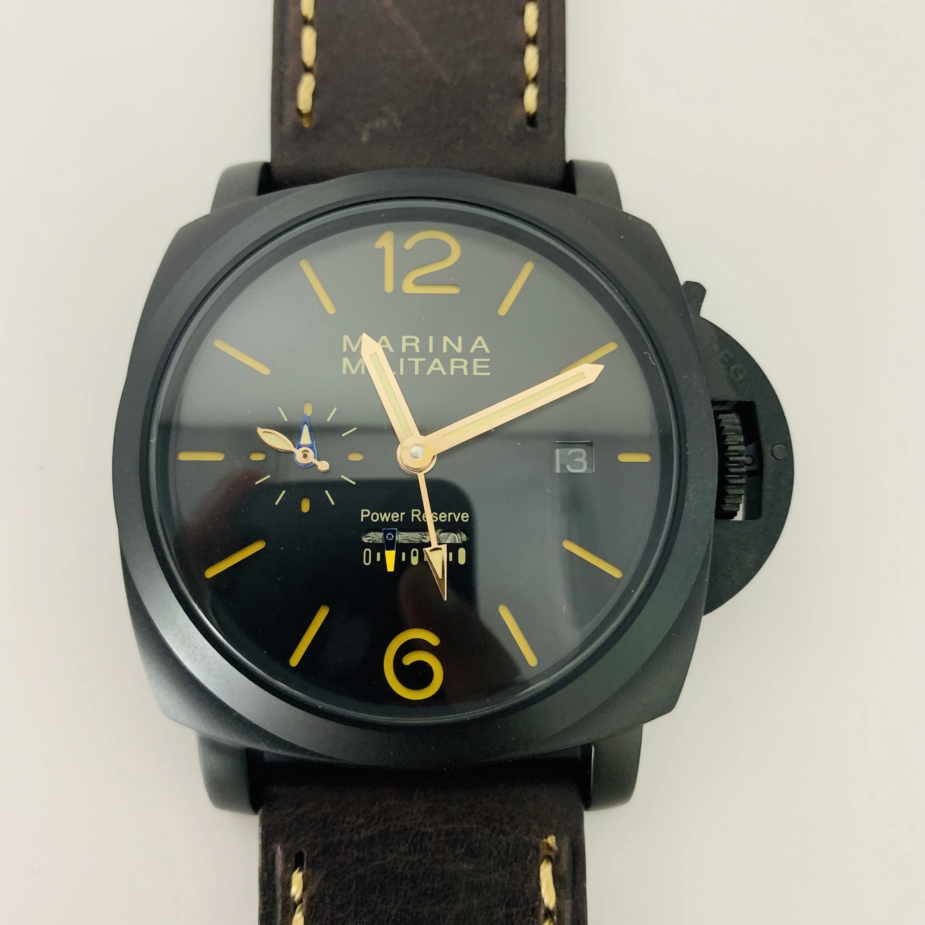

Men Automatic Machinery Watch Men Leather Strap Luminous Power Reserve PVD Case Nato Desig Military Waterproof Watch