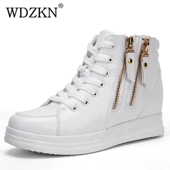

WDZKN Spring Autumn Height Increasing Women Boots Lace Up Zipper Round Toe Flat Ankle Boots For Women Casual Shoes Botas