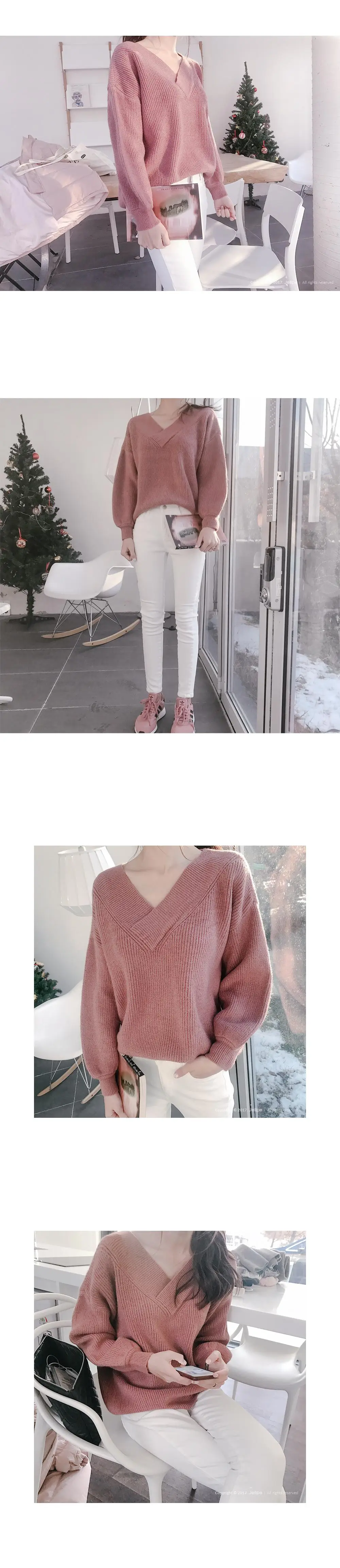 Qiukichonson, винтажный женский свитер с v-образным вырезом, Осень-зима, топы, корейская мода, джемпер, пуловер с длинным рукавом, для женщин