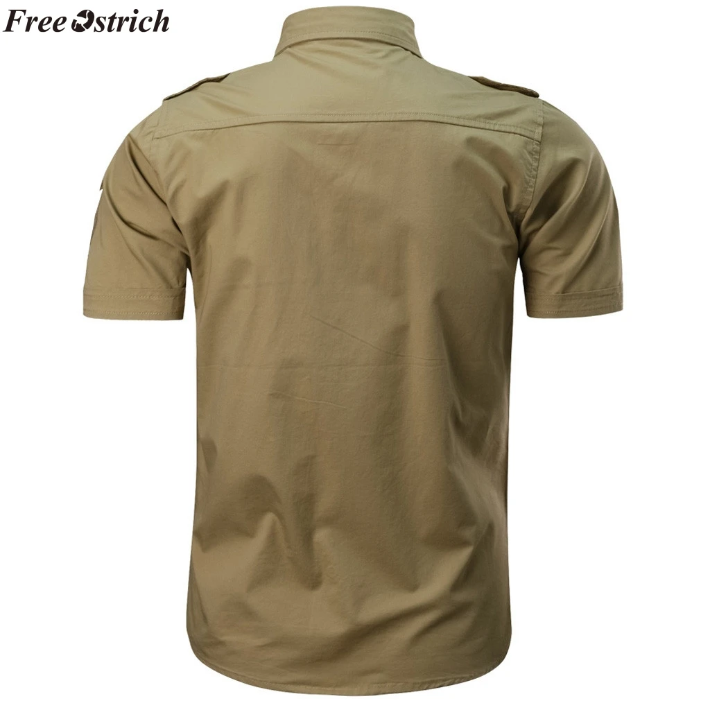 FREE OSTRICH Men Casual Cotton Military Style Short Sleeve Slim Shirt Lapel Button Shirt Fashion Clothing Comfort Plus Size 2nd