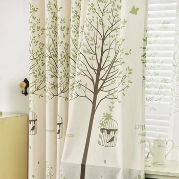 

American rustic Kids Curtains for Bedroom Faux Linen Printed Trees/ Birds Curtains for Living Room Window Curtains For Children