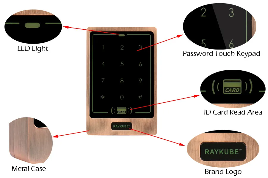 Raykube двери контроллер доступа пароль сенсорной клавиатурой Водонепроницаемый IPX3 RFID 125hkz Card Reader r-t02 Красный Бронзовый