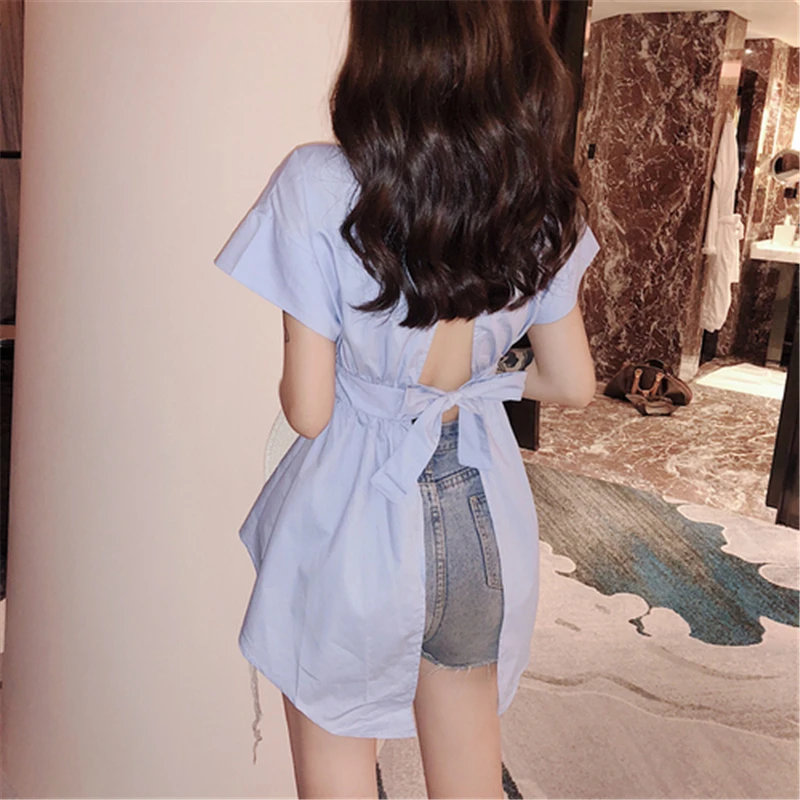 

HziriP 2018 New Style Summer Short Sleeve Female Cotton Fashion Women Blouses Sexy Backless Solid O-Neck Bow Shirt Tops Pullover