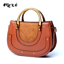 Moxi Wristlets Saddle Bag Womens Vintage Genuine Leather Ring Handbags Metal Handle Hand Bags Womens Messenger Bags Cowskin