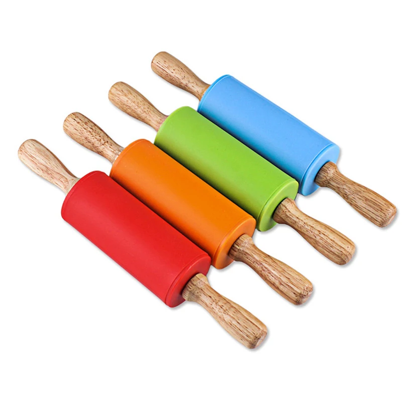23cm Wood Handle Silicone Rolling Pins Small Dough Pastry Roller Stick for Kids Baking Cooking Tools Kitchen Accessories