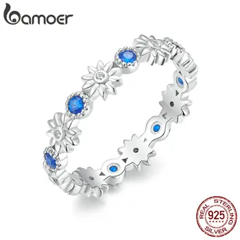 

bamoer Blue Daisy Stackable Finger Rings for Women Femme Bijoux 925 Sterling Silver Korean Fashion Wedding Jewelry BSR056