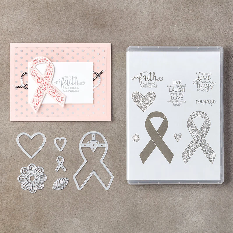 

2019 6pcs Ribbon of courage heart Clear Stamp and Dies for Scrapbooking Card Album Making Metal Cutting Dies and Stamps Sets