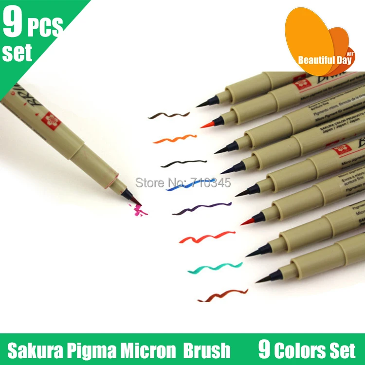 9 Different Colors of Sakura Pigma Brush Micron Fine Line Pen Art Supplies NEW 
