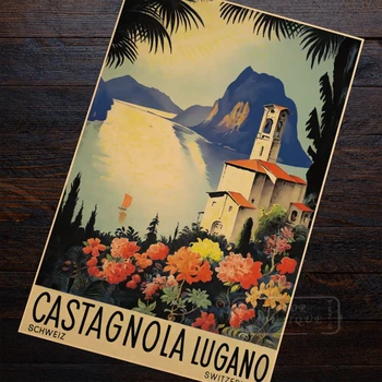 

Switzerland Swiss Tessin Tourism Posters Castagnola Lugano Classic Wall Stickers Vintage Kraft Poster Home Bar Decor Gift