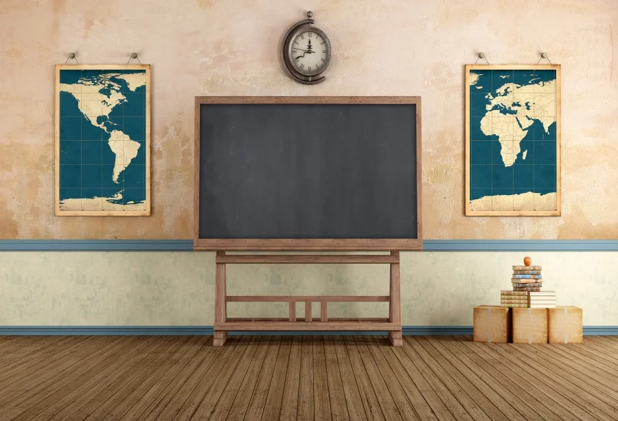 

Laeacco Old House Wooden Floor World Map Blackboard Clock Books Child Portrait Photo Backdrop Backgrounds Photocall Photo Studio