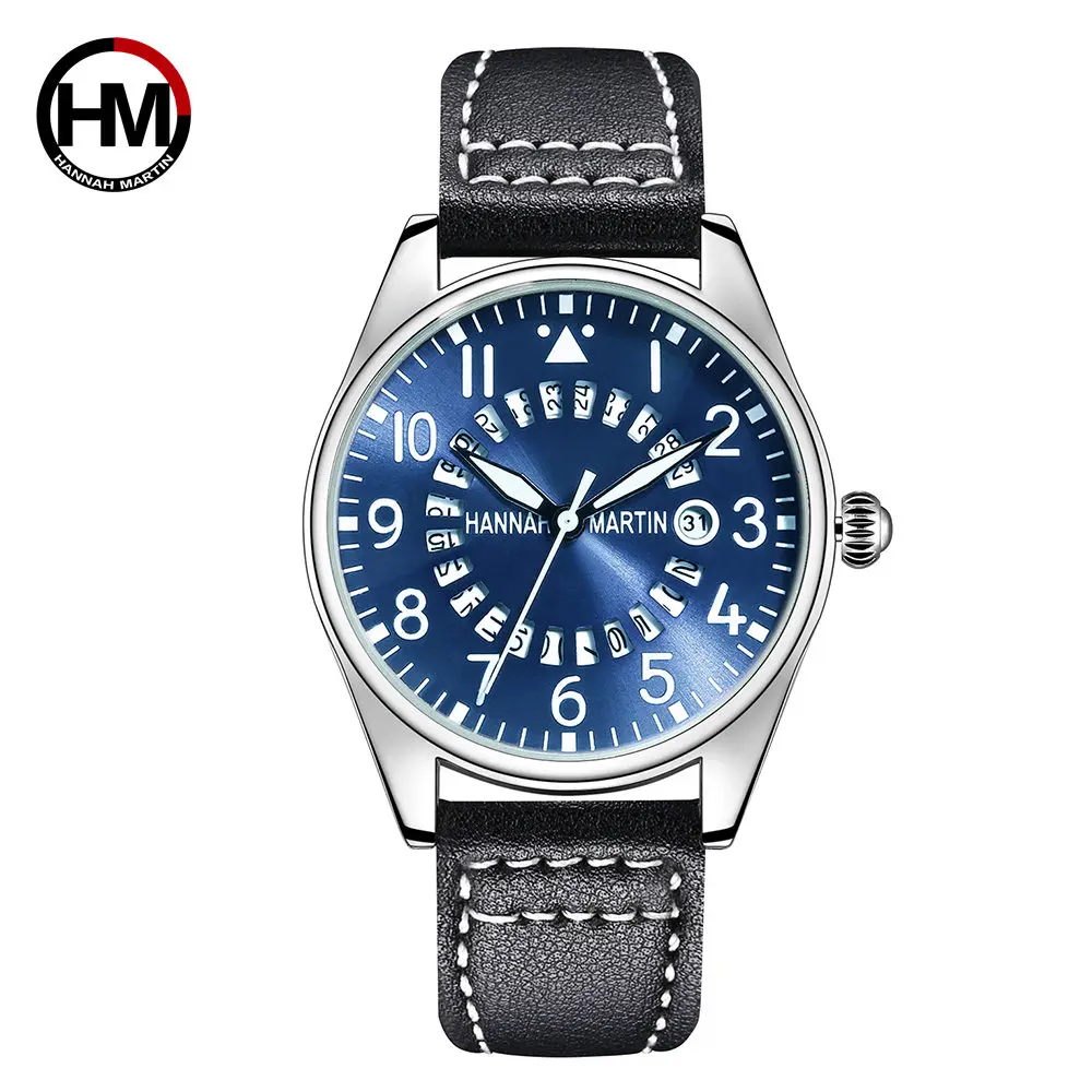 

HANNAH MARTIN Top Brand Pilot's Watches Men Casual Leather Sport Military Water-Proof Quartz Watch Men's Clock Wristwatches