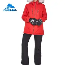 Зимний Открытый спортивный Сноуборд Лыжный костюм для женщин Лыжный Водонепроницаемый снегозащитный теплый комплект меховой воротник с хлопковой подкладкой зимняя куртка брюки