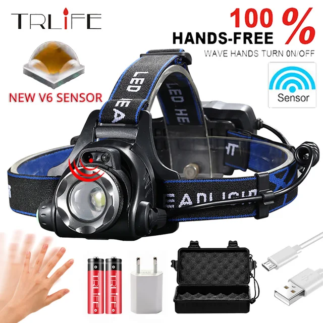 US $6.19 IR Sensor Headlight USB Rechargeable V6L2T6 Induction LED Headlamp Fishing Head Light Lamp Lanter