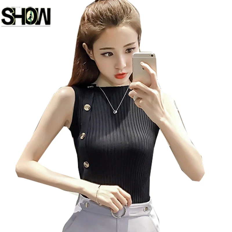 

Sexy Crop Tops Women Summer Vest Tank Top Summer Button Knitted Top Black White Knitting Sweater Pullover Vest 3001