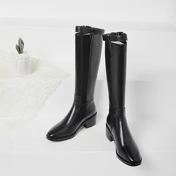 

MLJUESE 2020 women knee-high boots cow leather winter black color Rome style short plush high boots women boots size 43