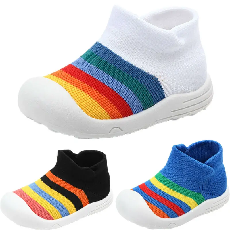 Lovely Baby Girl Boy Casual Cotton First Walkers Shoes Rainbow Color Striped Anti Slip Newborn Baby Boy Crib Shoes