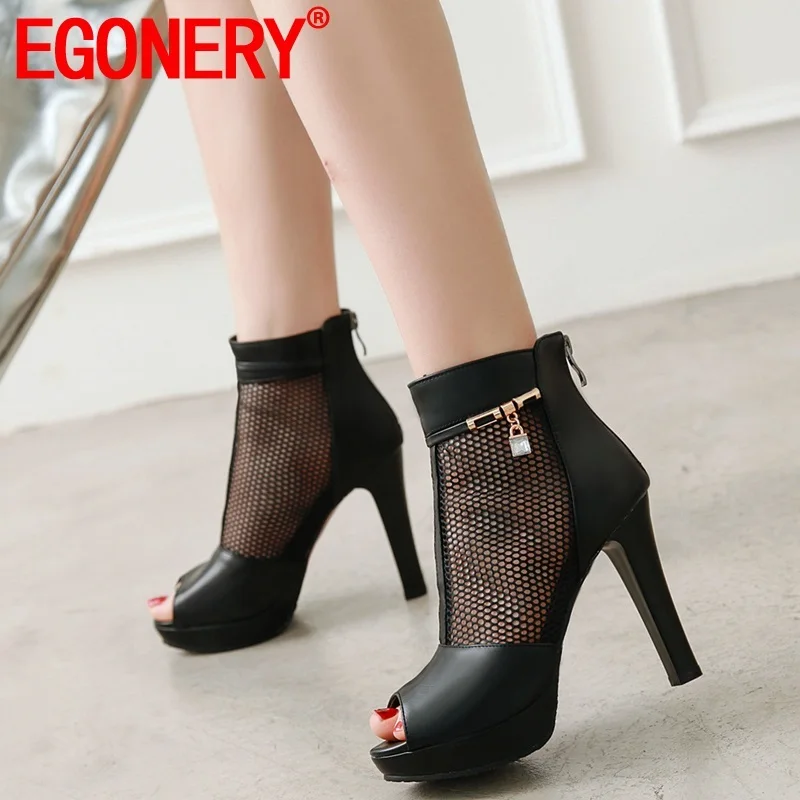 

EGONERY woman shoes 2019 new fashion sexy fish mouth summer woman boots outside super high heels zipper plus size ladies shoes