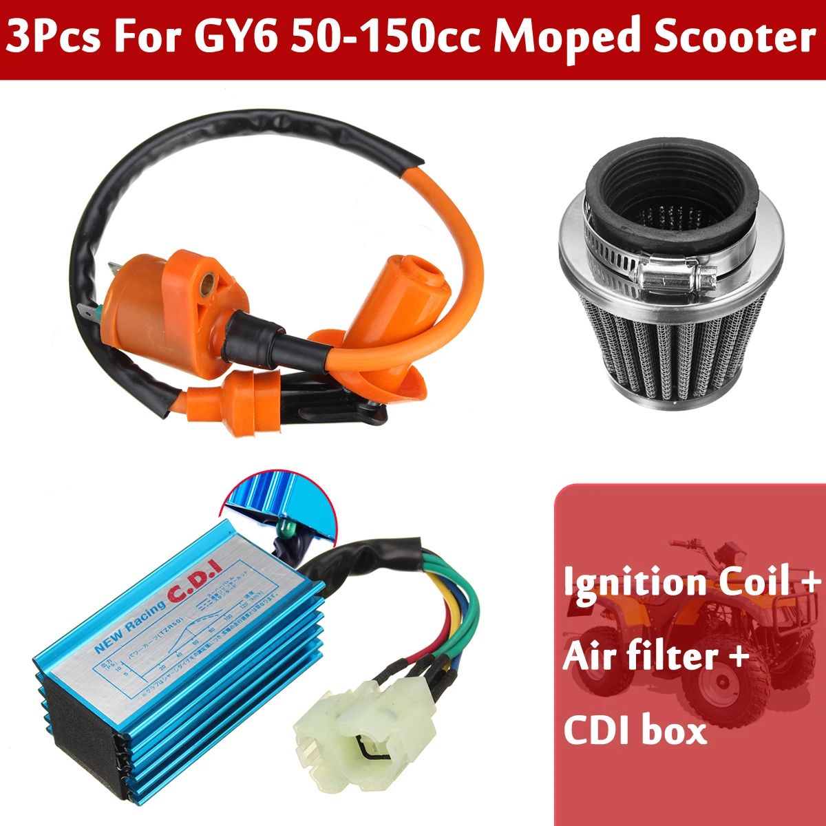 

Autoleader 3Pcs Motorcycle Racing CDI Box 6 Pin+Ignition Coil+Air Filter Accessories For GY6 50-150cc Moped Scooter Accessories