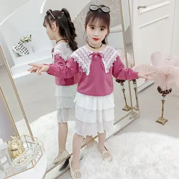 

New Spring Autumn Kids Girls Cotton Set Teenage Girls Bow Sweatshirt+Dot Pleated Layered Skirt Tracksuits Baby Girl Clothes T170