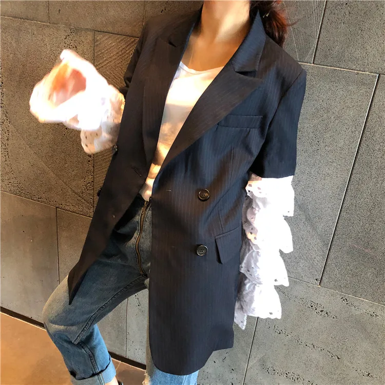 

2019 Spring Elegant Women Blazer Cotton Full Striped Double Breasted Notched Button Blazer Women
