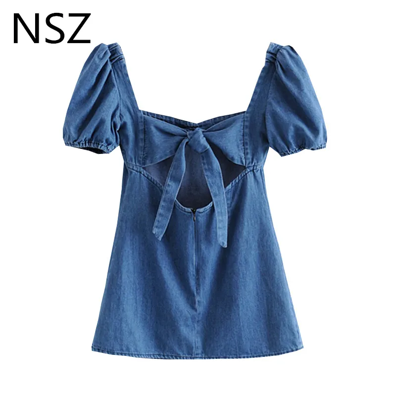 NSZ النساء الدنيم اللباس الصيف الجينز اللباس مثير عودة فتح القوس نفخة كم مربع طوق البسيطة حزب اللباس Vestidos