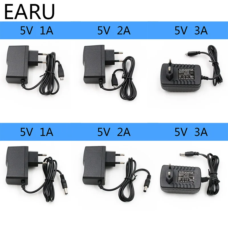 100-240V AC to DC Power Adapter Supply Charger adapter 5V 1A 2A 3A EU Plug 5.5mm x 2.1mm Micro USB LED light strip Phone | Обустройство