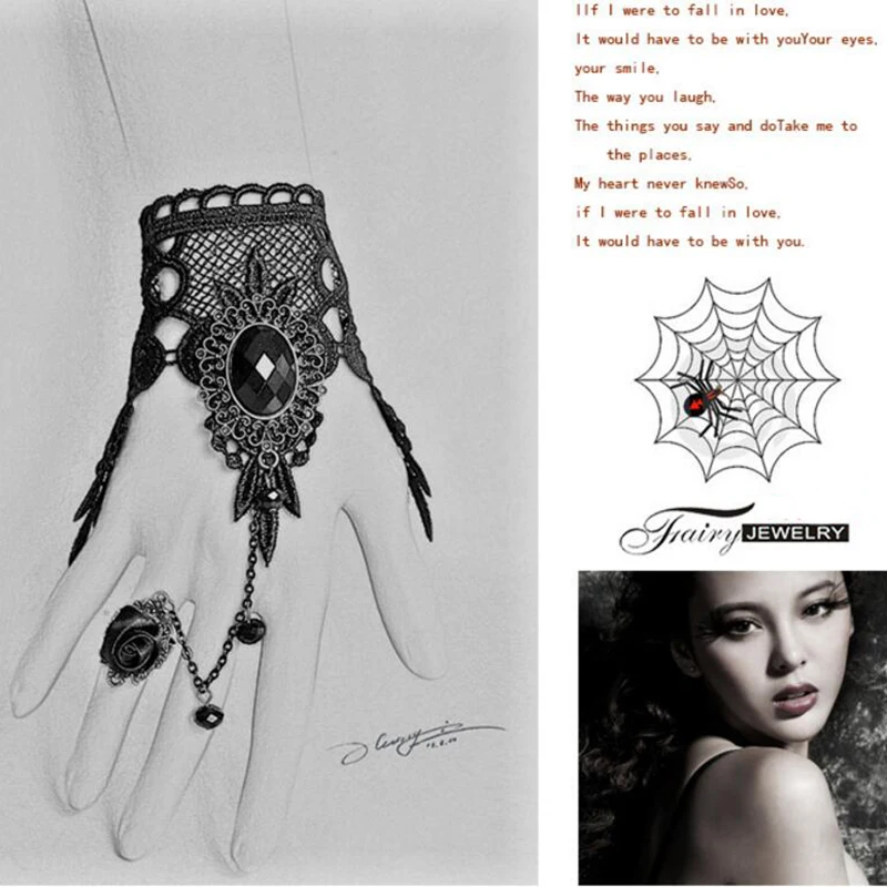 Women Handmade Black Rhinestone Drop Lace Arm Bangle Bracelet Gothic & Vintage Fashion Jewelry