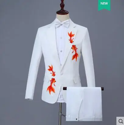 

Goldfish embroidery blazer men formal dress latest coat pant designs marriage suit men chorus wedding suits for men's white