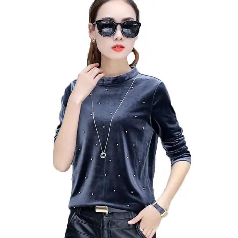 Pearl Beading Blouses 2017 Autumn Women Velvet Blouse Long Sleeve Casual Shirt Women Tops O Neck