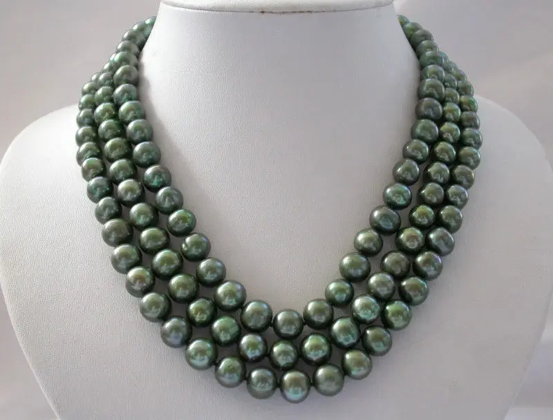 

FREE shipping>>>>stunning 3rows 10mm round green freshwater cultured pearl necklace b277