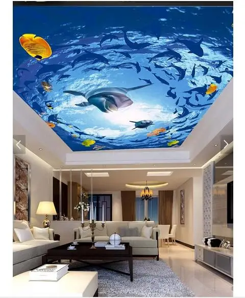 

Custom photo wallpaper 3d ceiling wallpaper mural Ocean dolphin sunshine stereo ceiling frescoes 3d living room wallpaper decor