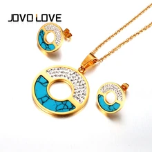Золотой цвет из нержавеющей стали круглый CZ камень кулон ожерелье серьги Ювелирные наборы Стразы бусины синий камень для женщин ювелирные изделия
