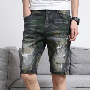 

Men's Denim Shorts 2019 Spring and Summer New High-end Shorts Army Decoration Personality Print elastic Camouflage Denim Shorts