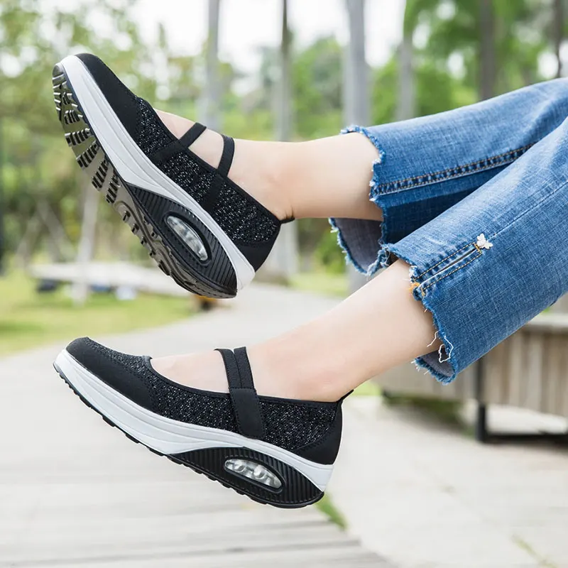 MWY/легкая обувь с воздушной подушкой на липучке; обувь на платформе с толстой подошвой из сетчатого материала; повседневная женская обувь; Vrouwen Schoenen; женские кроссовки - Цвет: Черный
