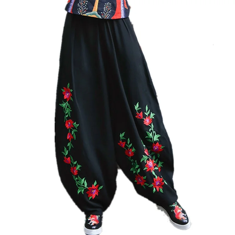 Винтажные женские брюки палаццо Ethinc, хлопковые льняные брюки с цветочной вышивкой, черные традиционные штаны в китайском стиле TA950 - Цвет: 1