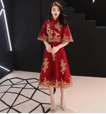 Mid Length Wine Red Chinese Dream Show Clothing Simple Pregnant Women Dress Luxury Lace Embroidery Wedding Dresses Sweetheart Elegant Vestido Bride - Цвет: Mid Length Wine Red
