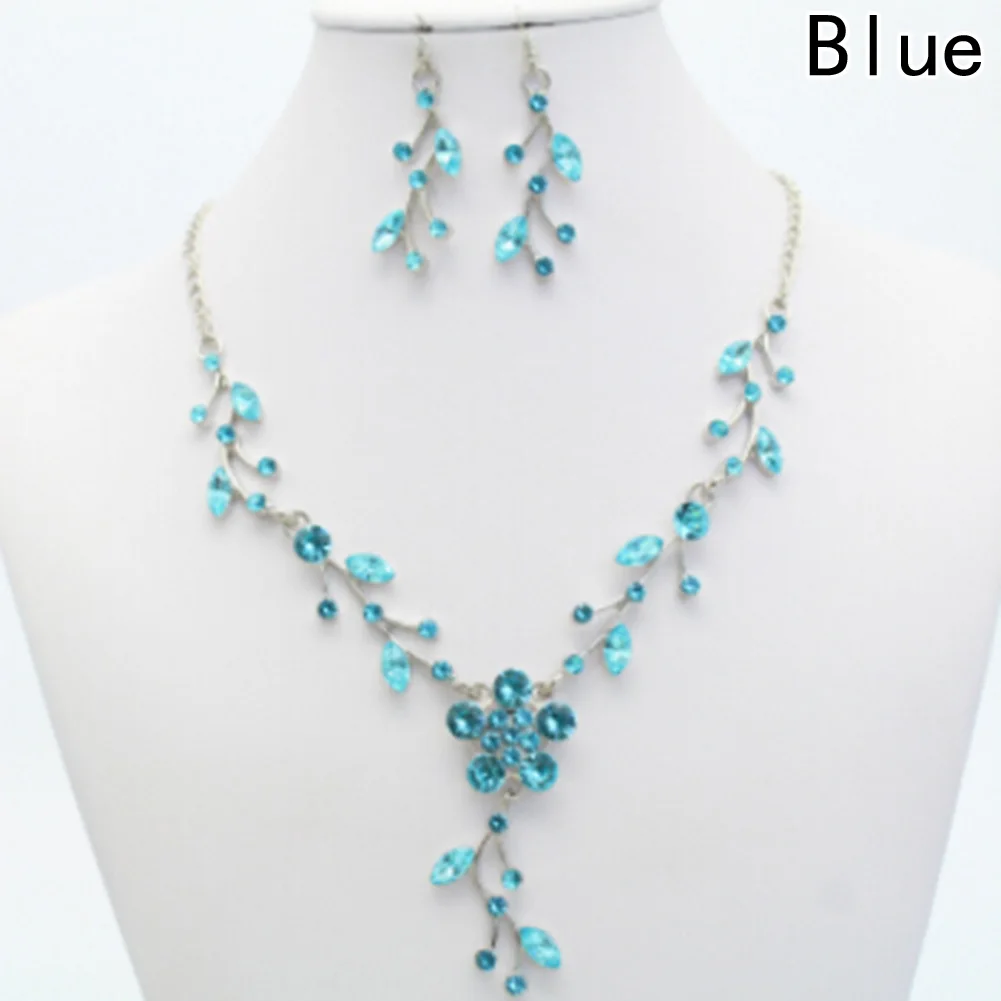 Drop Earrings Jewelry Set New Wedding Bridal Flower Leaf Rhinestone Crystal Necklace - Окраска металла: BL