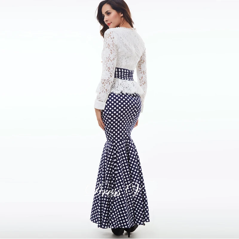 Dressv 2019 Polka Dot mermaid evening dress white long sleeves scoop neck lace trumpet evening dress formal party prom dress