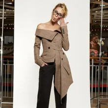 European Early Autumn New Women Irregular Cut Flanged Single Collar Shoulders Waist Checked Suit Jacket Fashion Lattic coats