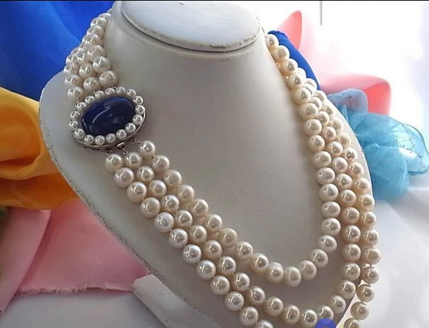 

HOT## Wholesale >>>> 3ROW 11MM WHITE ROUND FRESHWATER CULTURED PEARL NECKLACE LAPIS p847