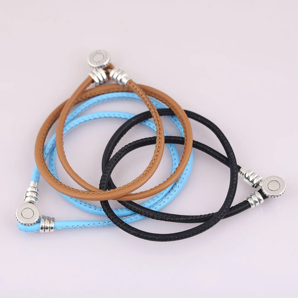 

925 Silver Black Spicy Double Leather Bracelet for Women Signature Clasp fit Lady Beads Charms Pendant