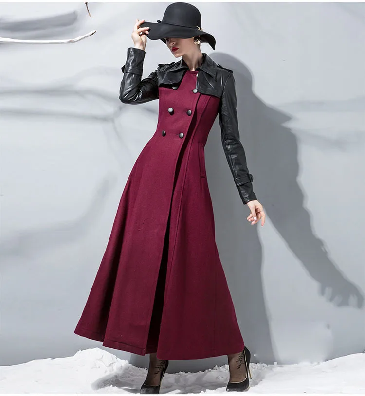 Новые длинные женские зимние пальто из искусственной кожи с прострочкой шерстяное пальто