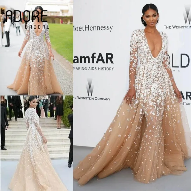 2017 Zuhair Murad Evening Gowns Long Sleeves Champagne Tulle Formal 2017 Zuhair Murad Evening Gowns Long Sleeves Champagne Tulle Formal Cleberity Pageant Deep V Neck Lique