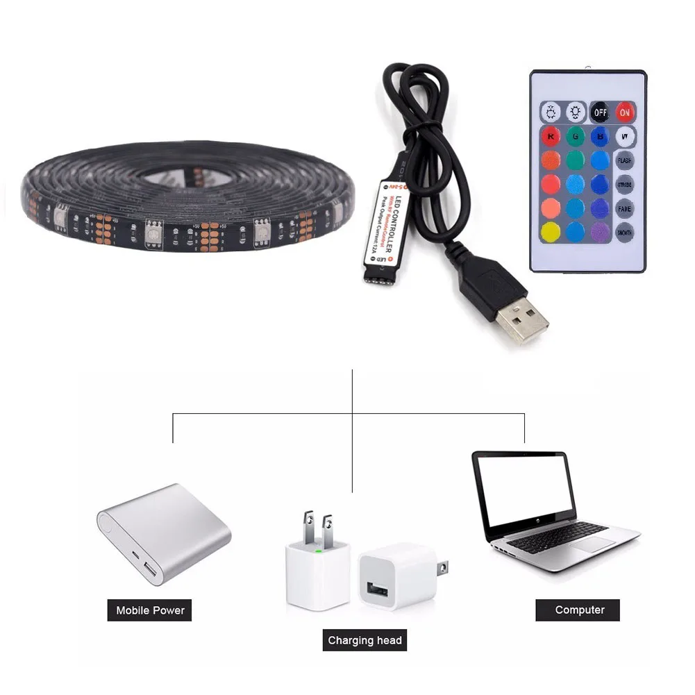 DC 5 в USB Светодиодная лента 5050 водостойкая RGB световая лента Гибкая 50 см 2 м 3 м 4 м 5 м 24Key пульт дистанционного управления для ТВ фонового