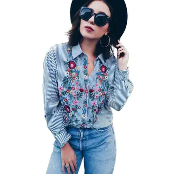 

Women Floral Embroidered Floral Loose Shirts Casual Blouse Autumn Long Sleeve Striped Shirt Tops
