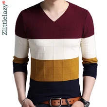 Новинка, дизайнерский пуловер, полосатый мужской свитер, мужской толстый зимний теплый трикотажный свитер, мужские облегающие вязаные свитера 50567