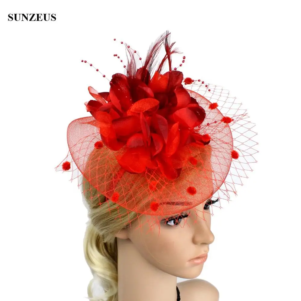 Красивые вуалетки Свадебные вечерние аксессуары для волос Новое поступление перо Сеть Цветок Свадебные шляпы SQN033 - Цвет: Красный