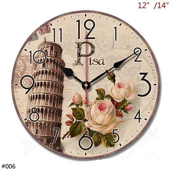 

12 /14 inches Pisa Pink Rose Flower Branch Tower With Arabic Numerals Printed Wood Wall Clock No Ticking Clock Home Cafe Decor