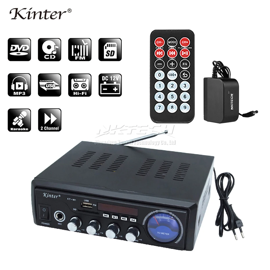 

Car Power Amplifier Kinter KT-M1 Digital Audio Video Player 2x 25W HiFi Stereo BASS MIC USB SD MP3 DC12V 220-240V FM Level Meter