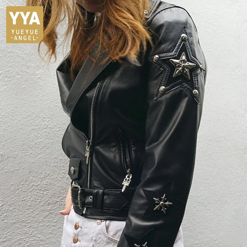 

2019 Spring Women Punk Luxury Cowhide Genuine Leather Jacekt Boyfriend Style Korean Rivets Moto Biker Short Real Leather Coat